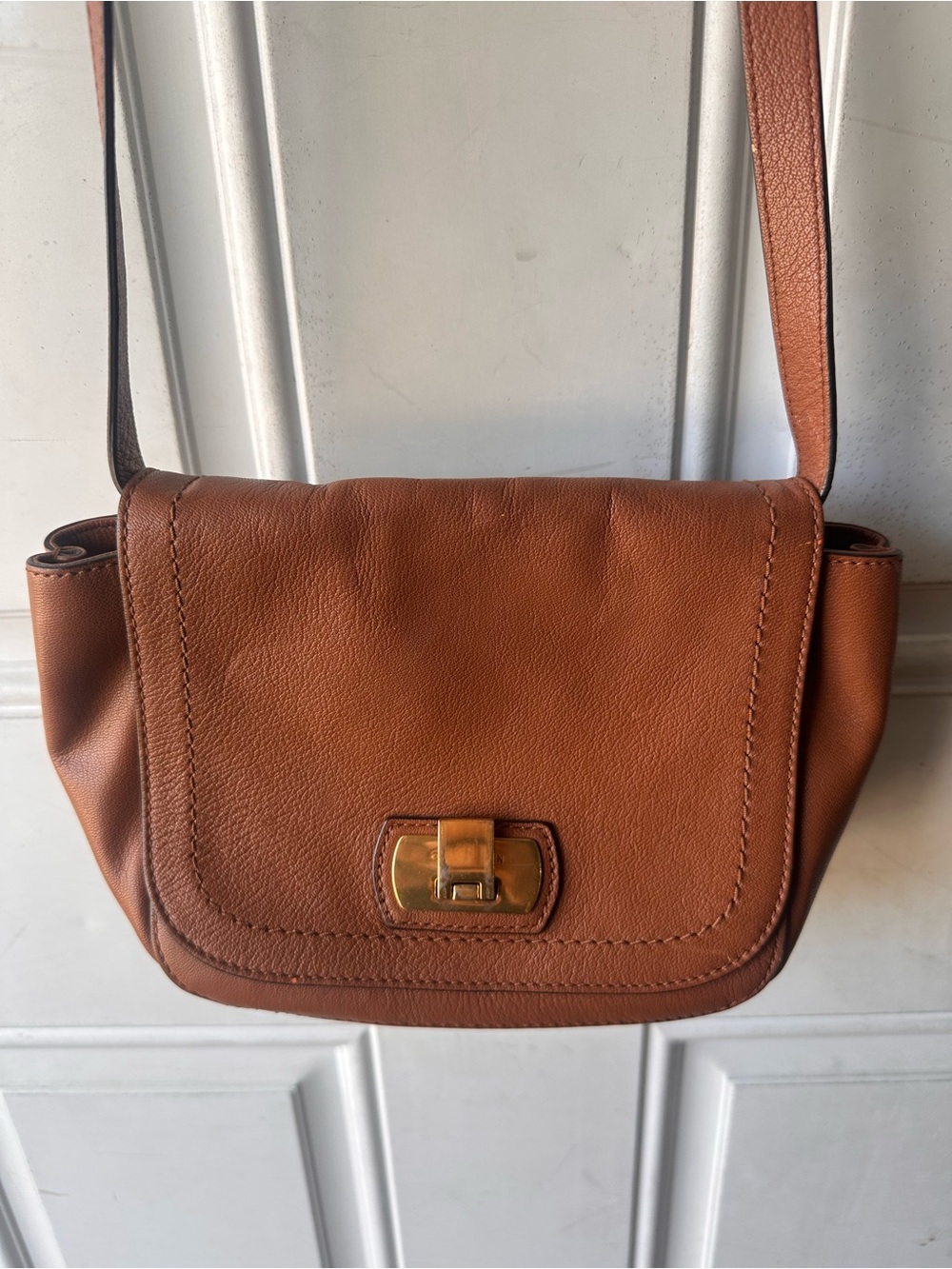 Cole Haan Valise Jenna Cognac Leather Crossbody Shoulder Bag Turn Lock Purse